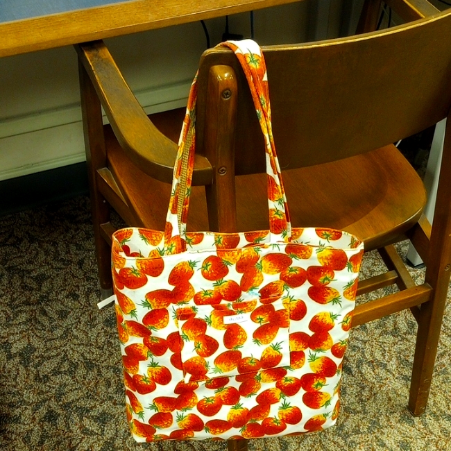Strawberry Canvas  Burlap Tote Bag W Pocket Aqua Brand